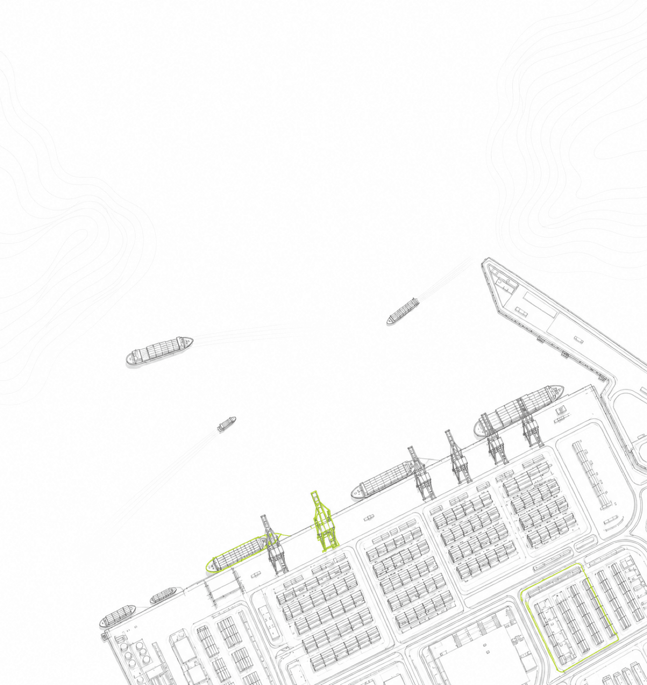 Light grayscale Singapore port linework with lime inspection highlights for Omniterra Atlas.