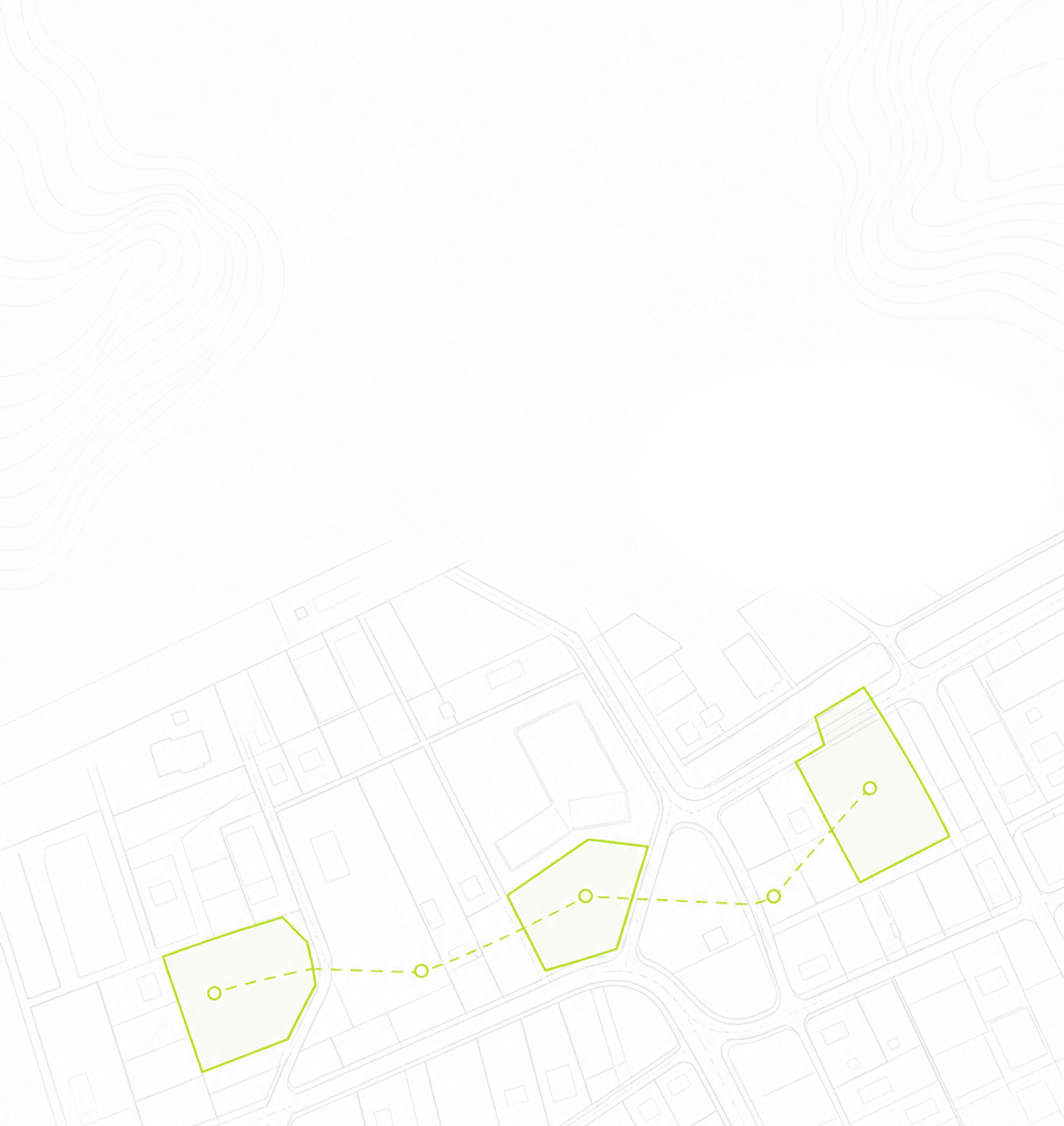 Light grayscale vector GIS linework with lime selected parcels and a dashed workflow path.