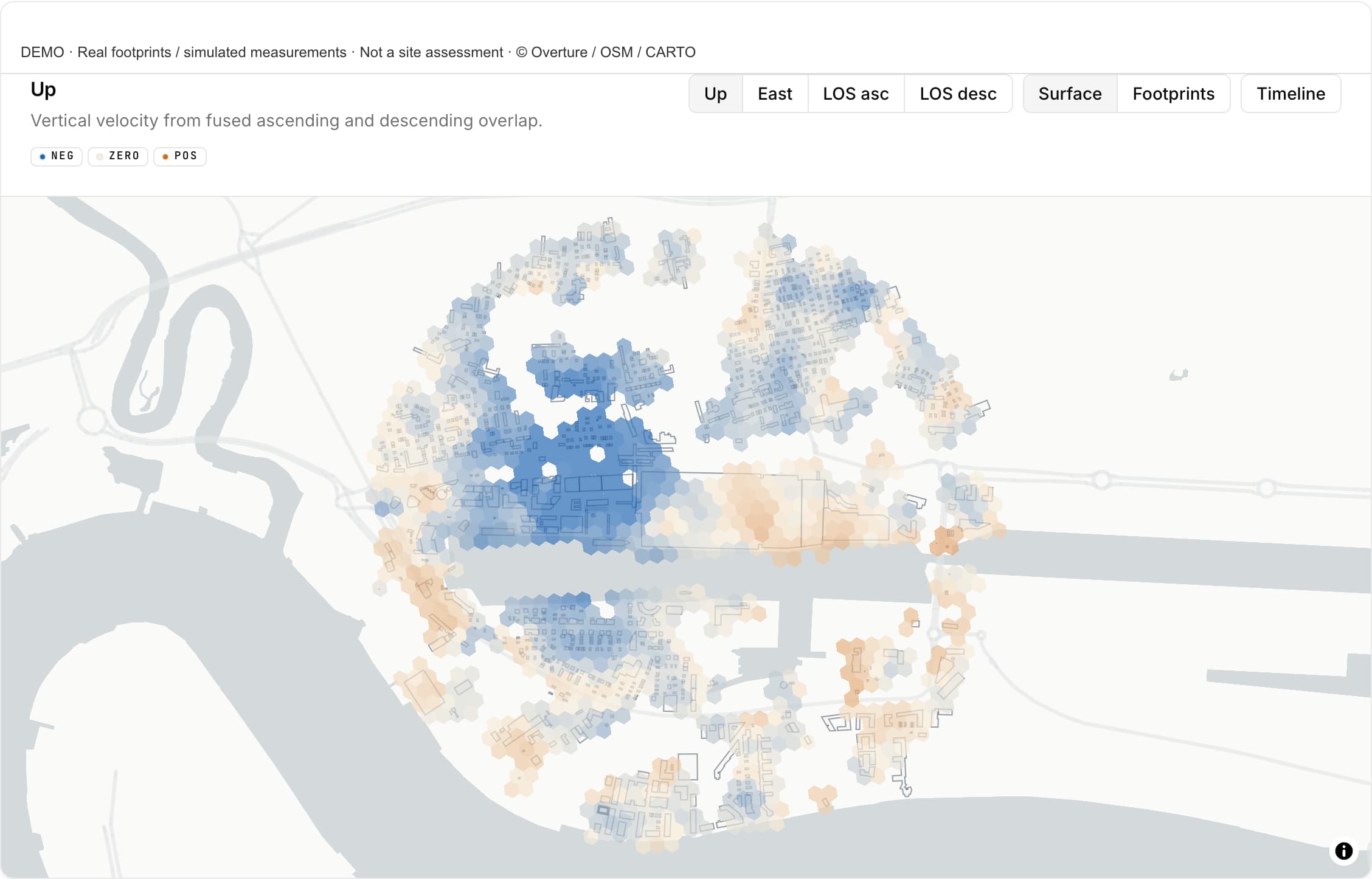 Pulse sample dashboard showing simulated ground movement across London, with asset footprints and movement-layer controls.
