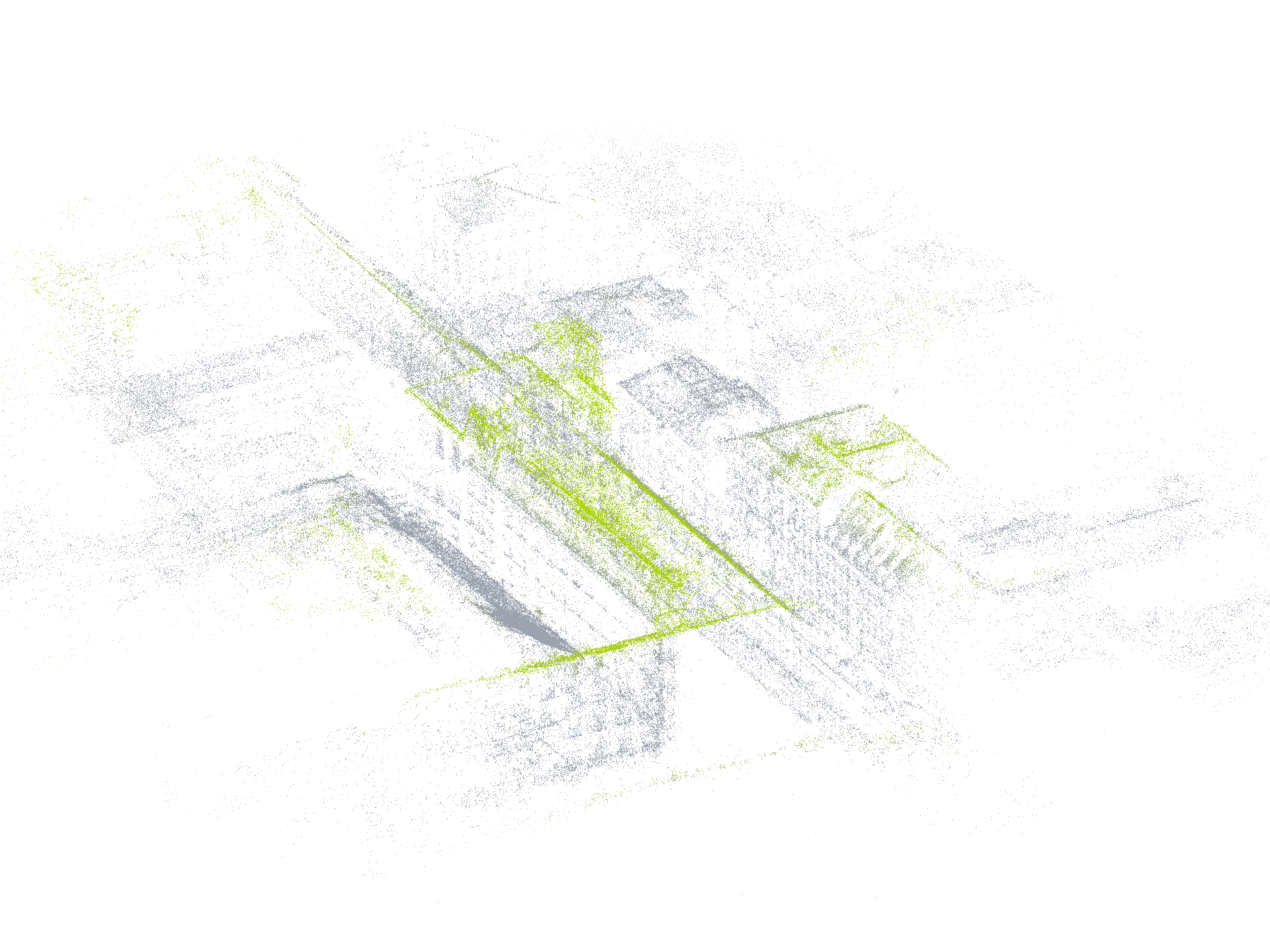 Oblique point-cloud view of the TUM campus, rendered in fine gray and green points.